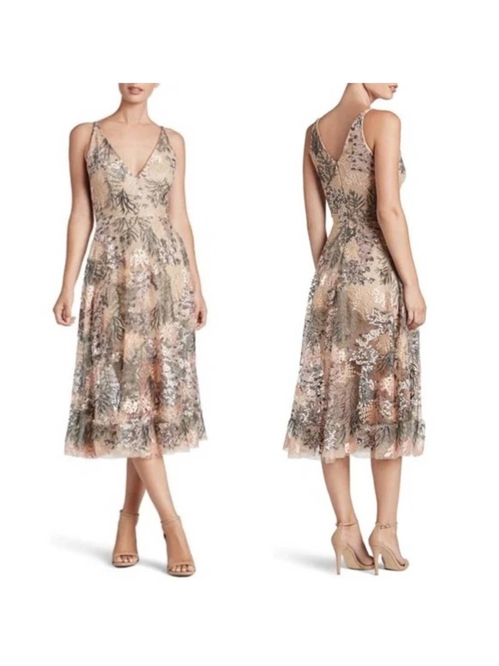 Dress the population Audrey Embroidered Fit Flare Midi Dress Tan Pink Sz XS